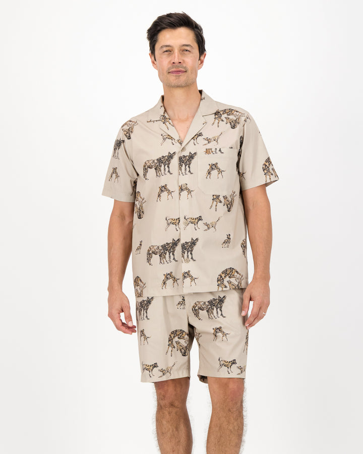 Mens Short Pyjamas - Wild Dogs on Beige