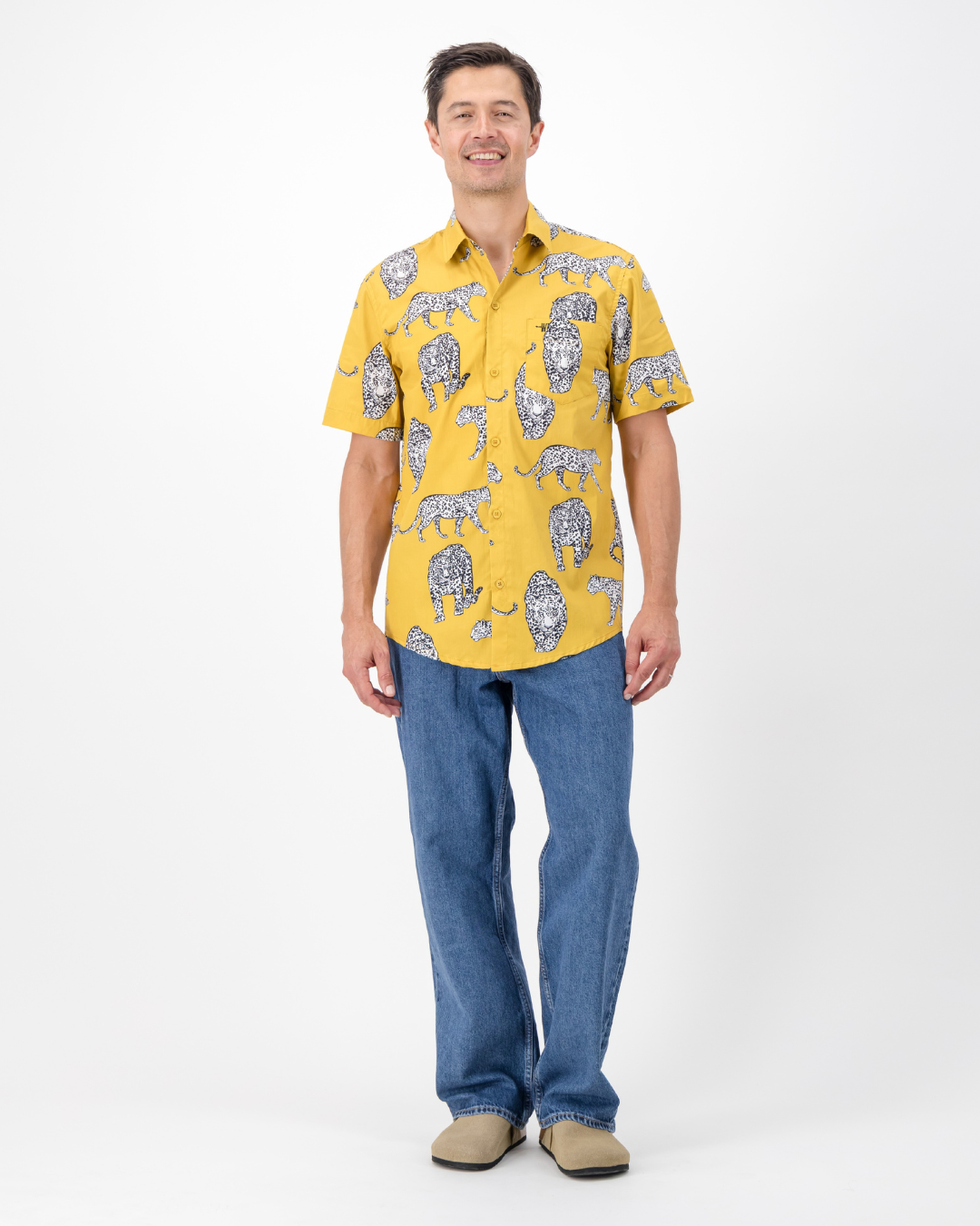 Mens Holiday Shirt - Mono Leopard on Mustard