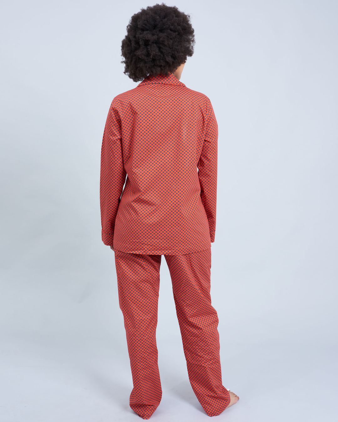 Womens Long Pyjamas - Navy Poppy Circles on Red