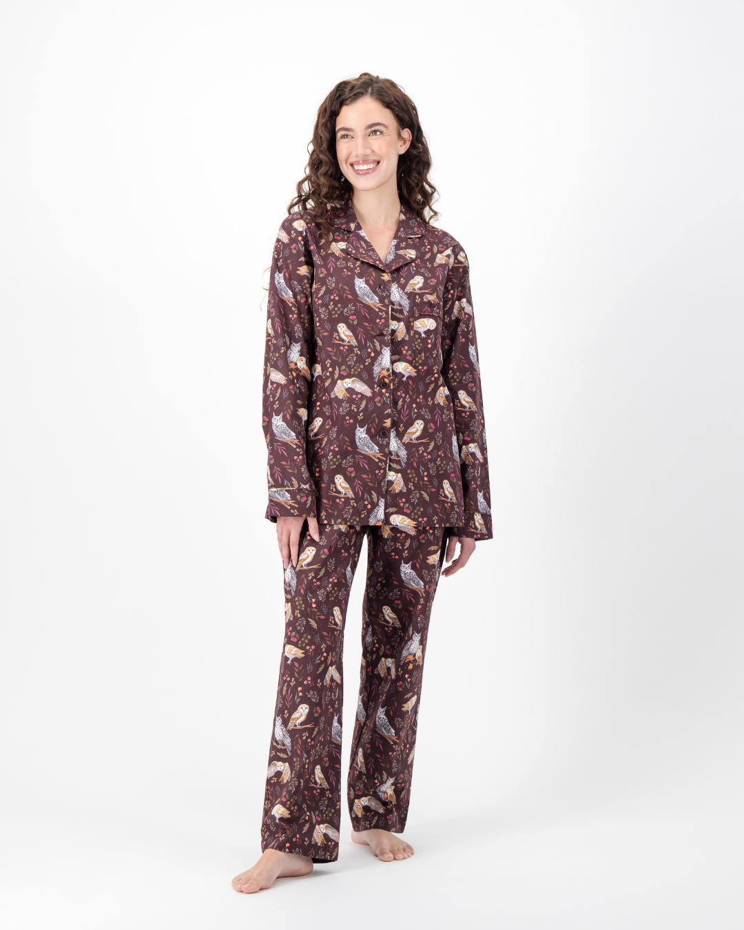 Womens Long Pyjamas - Owls on Burgundy