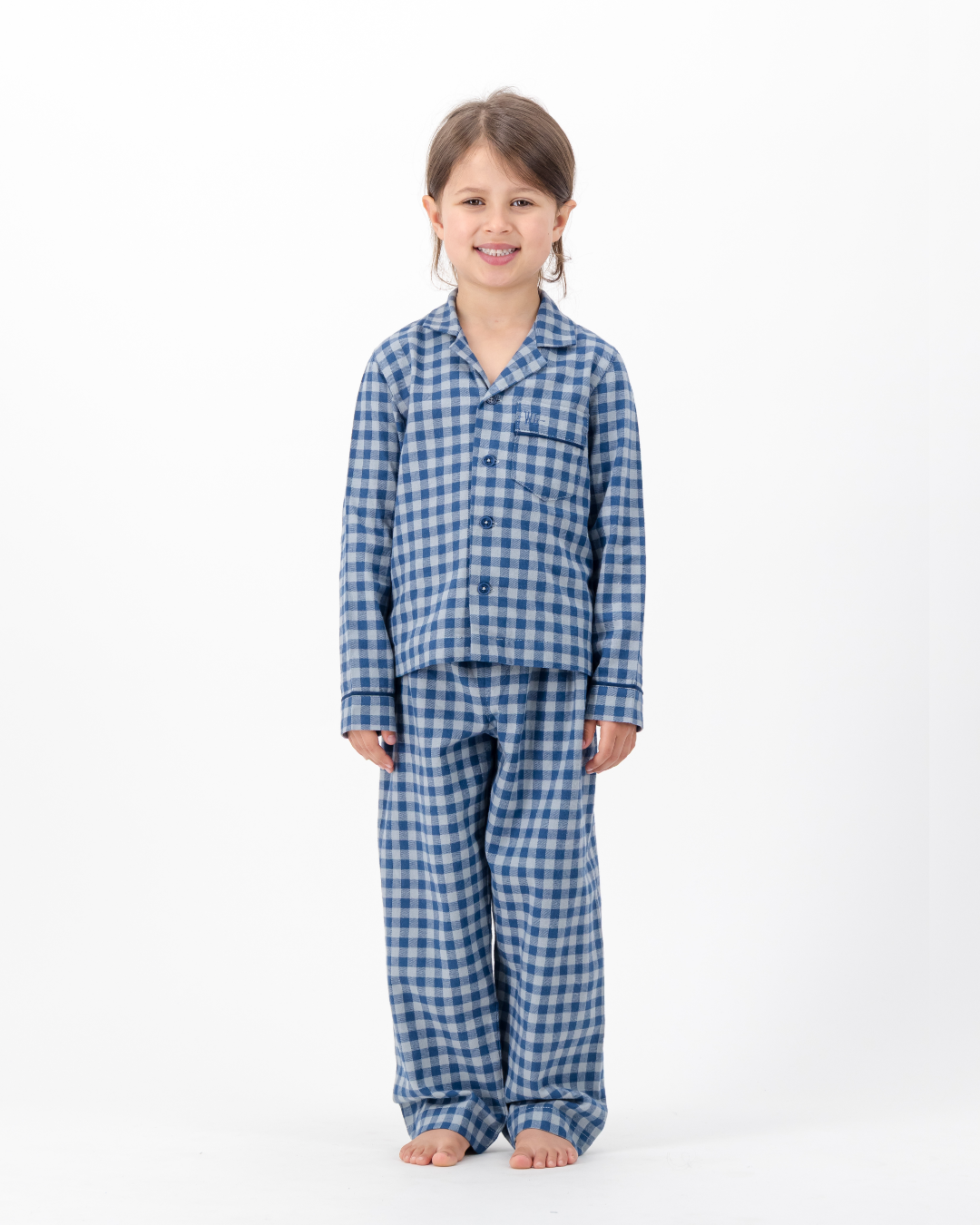 Kids Long Pyjama - Grey Gingham on Navy