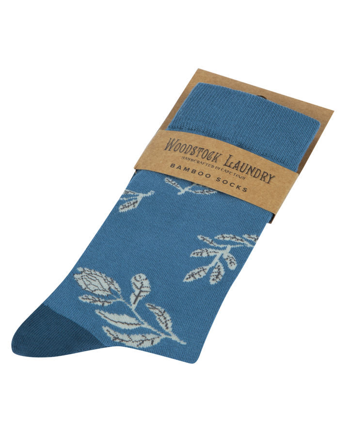Bamboo Socks - White Proteas on Blue