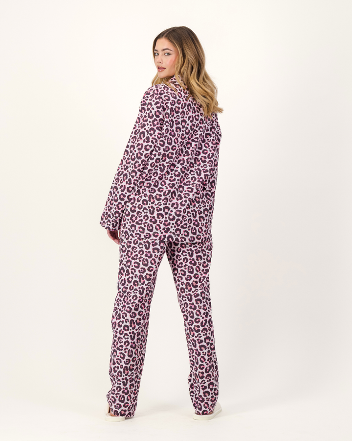 Womens Long Pyjamas - Leopard Skin on Pink