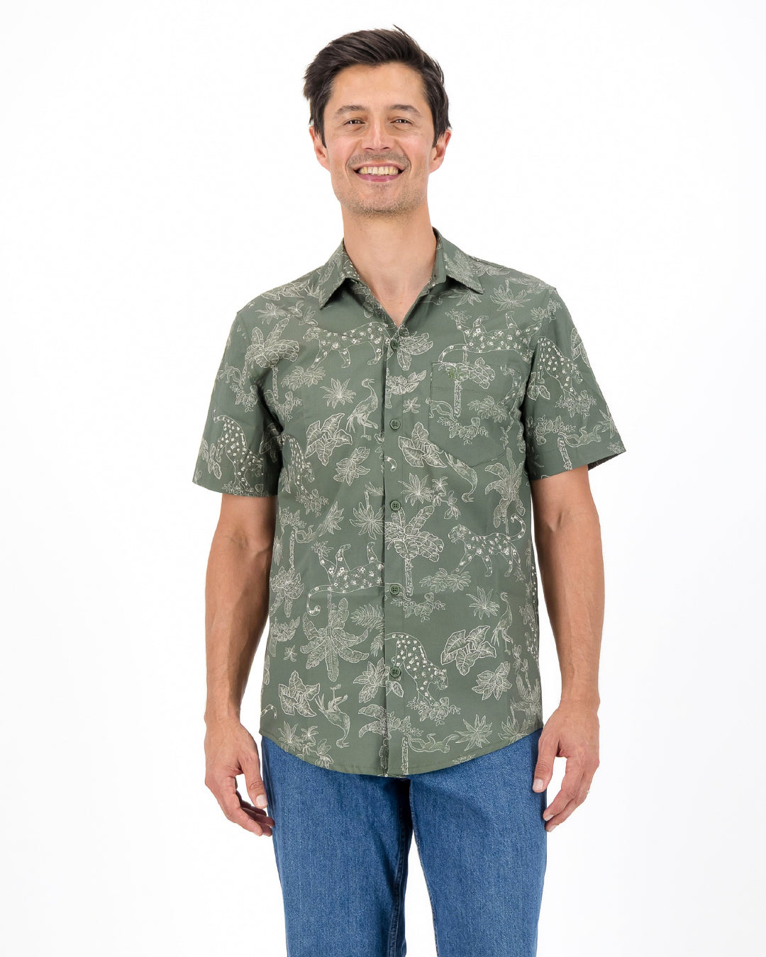 Mens Holiday Shirt - Tropical Leopard on Olive