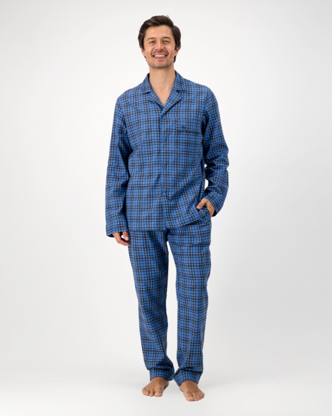 Mens Long Pyjamas - Camden Check on Blue