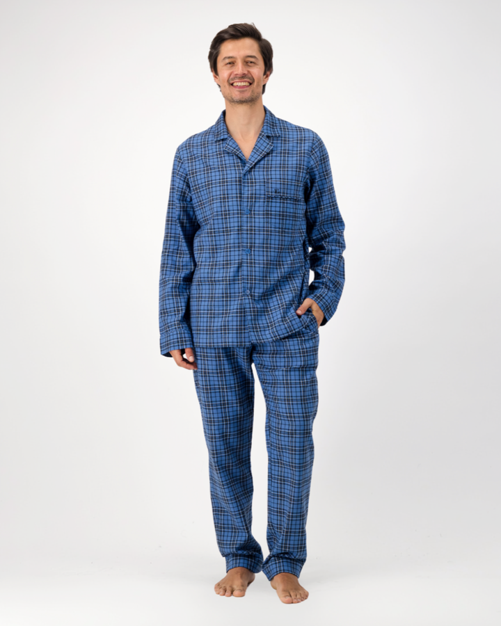 Mens Long Pyjamas - Camden Check on Blue