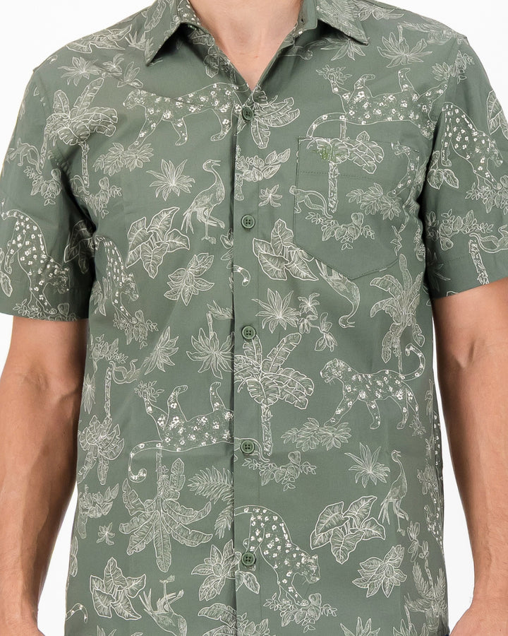 Mens Holiday Shirt - Tropical Leopard on Olive