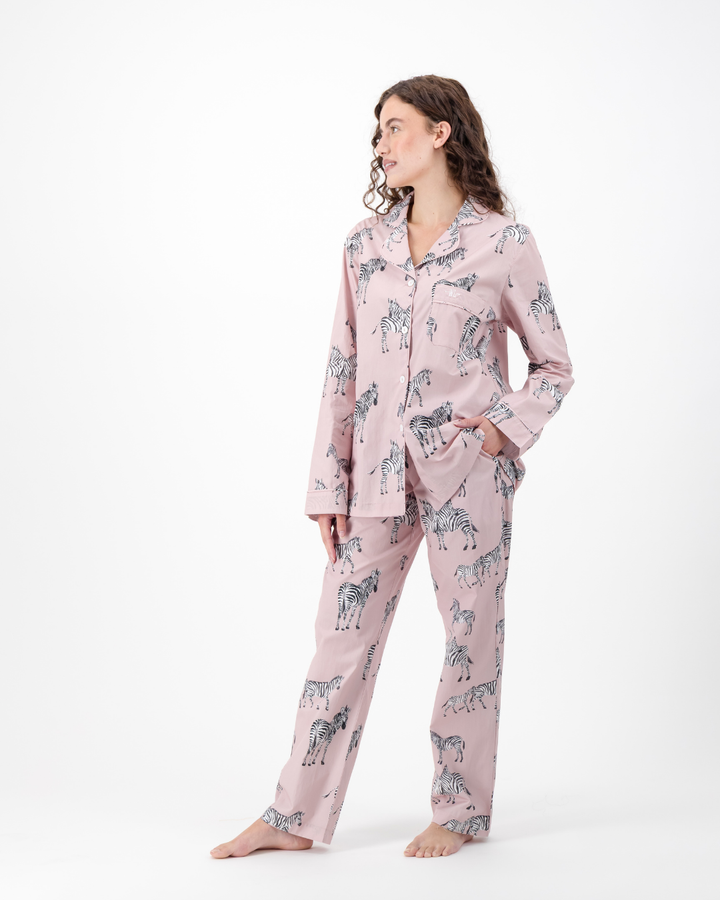Womens Long Pyjamas - Mono Zebra on Pink