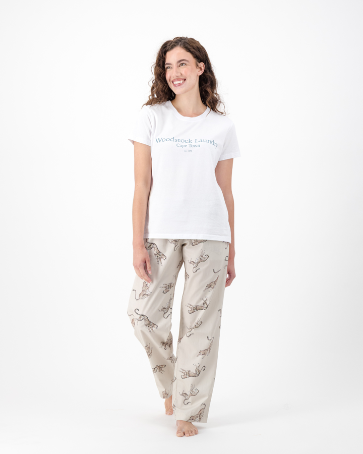 Womens Lounge Pants - Jumping Cheetah on Beige