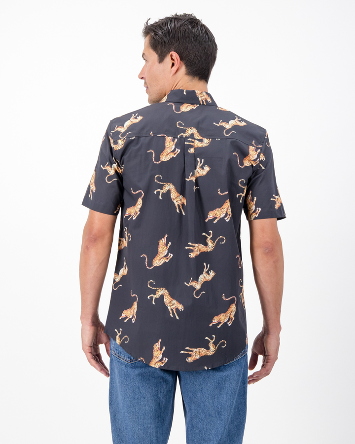 Mens Holiday Shirt - Jumping Cheetah on Charcoal