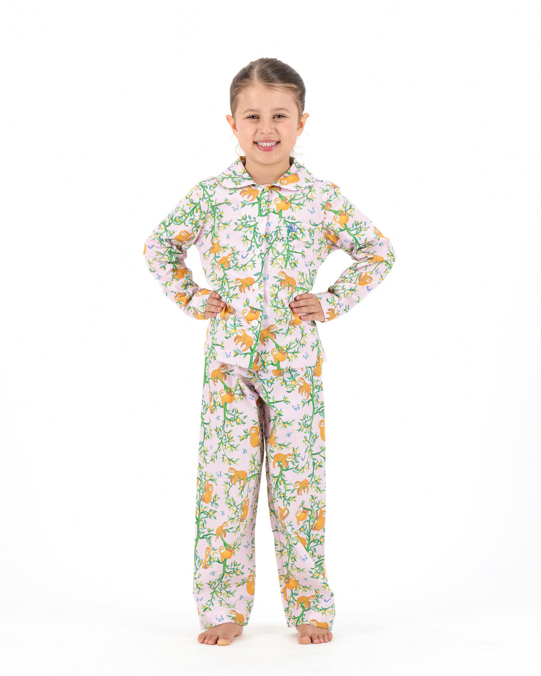 Girls Long Pyjamas - Sloths and Blue Butterflies on Pink
