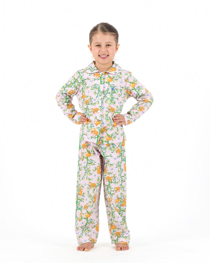 Girls Long Pyjamas - Sloths and Blue Butterflies on Pink