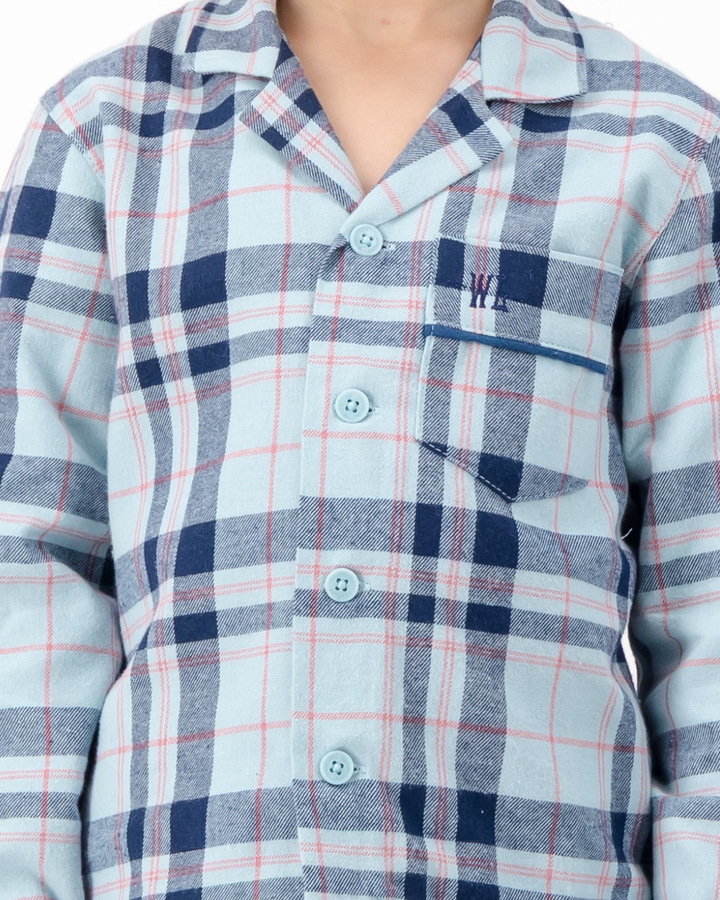 Kids Long Pyjama with Revere Collar - Billy on Turquoise
