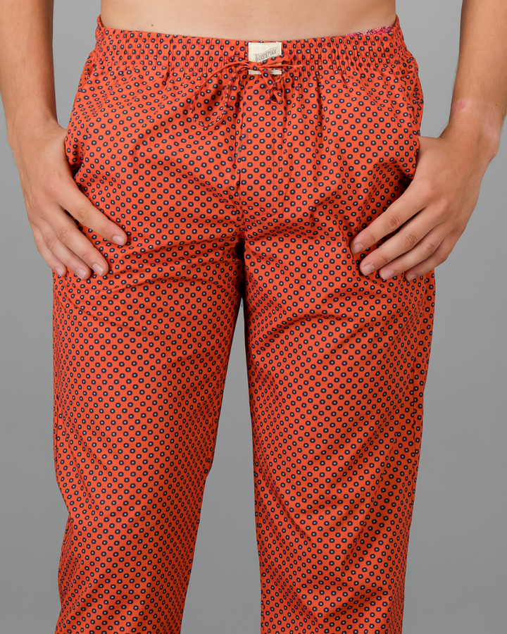 Mens Lounge Pants - Navy Poppy Circles on Red