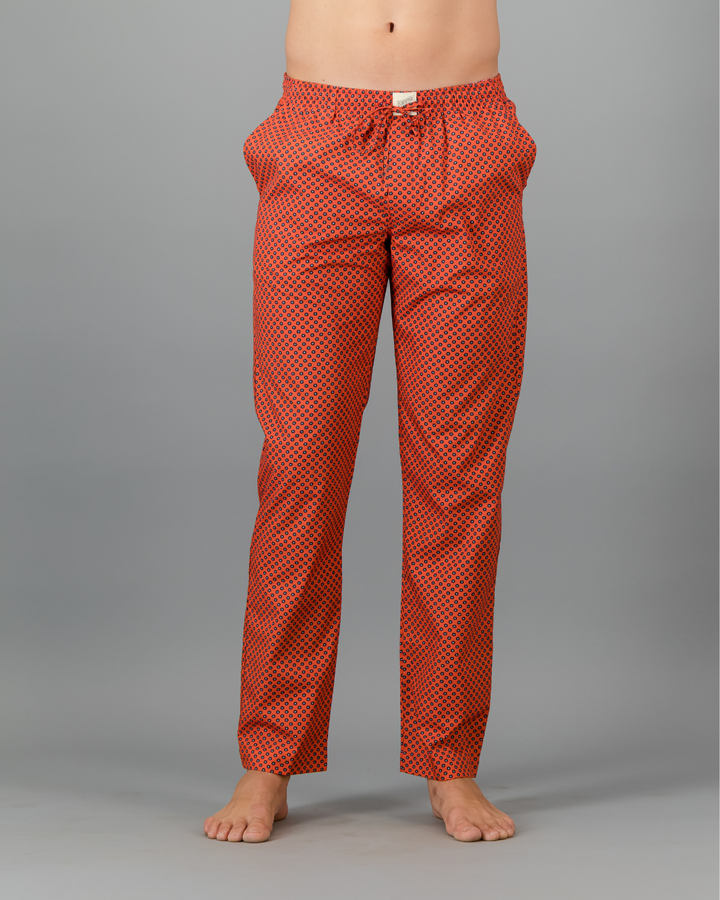 Mens Lounge Pants - Navy Poppy Circles on Red