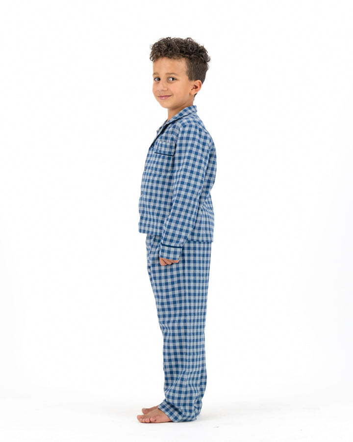 Kids Long Pyjamas - Grey Gingham on Navy