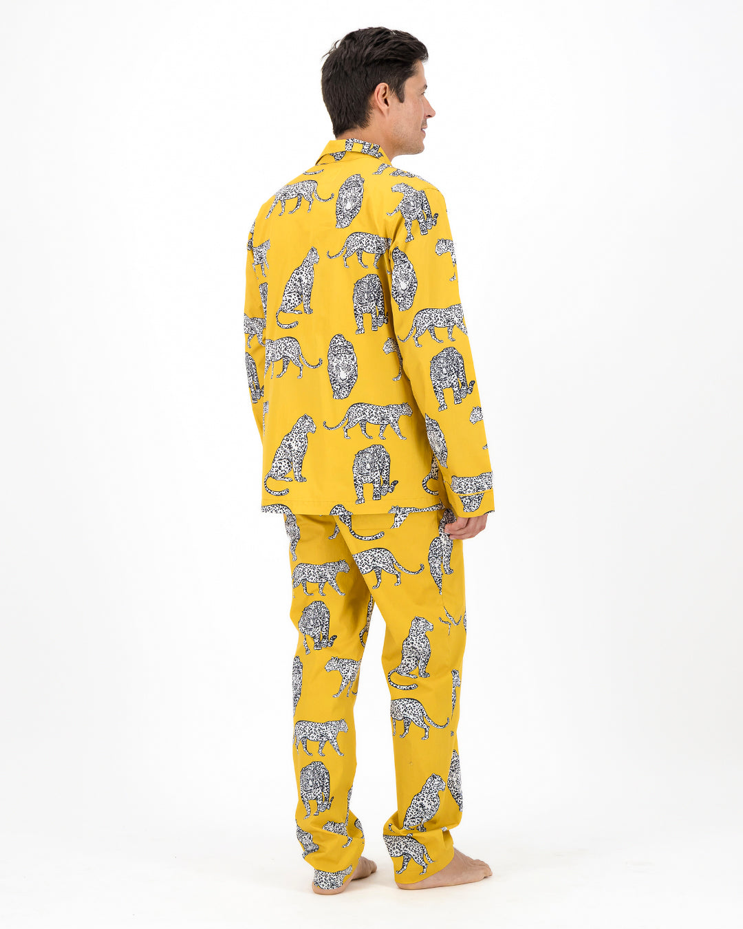 Mens Long Pyjamas - Mono Leopard on Mustard