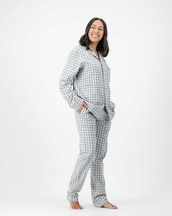 Womens Long Pyjamas - Grey Gingham on Cream