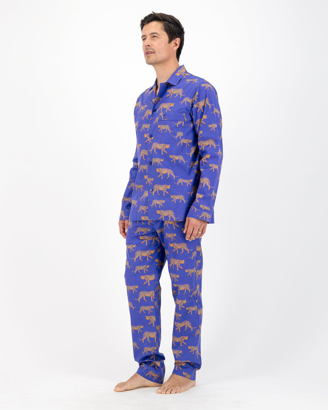 Mens Long Pyjamas - Cheetahs on Blue