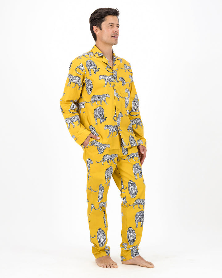 Mens Long Pyjamas - Mono Leopard on Mustard