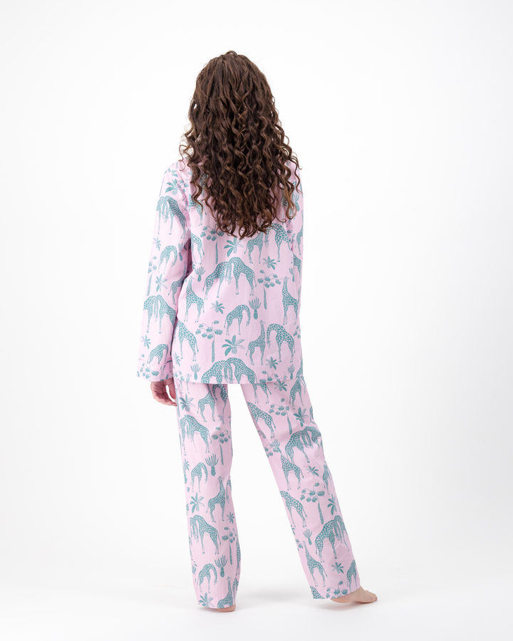 Womens Long Pyjamas - Green Giraffes on Pink