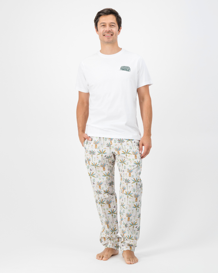 Mens Lounge Pants - Monkeys and Palms on Off-White