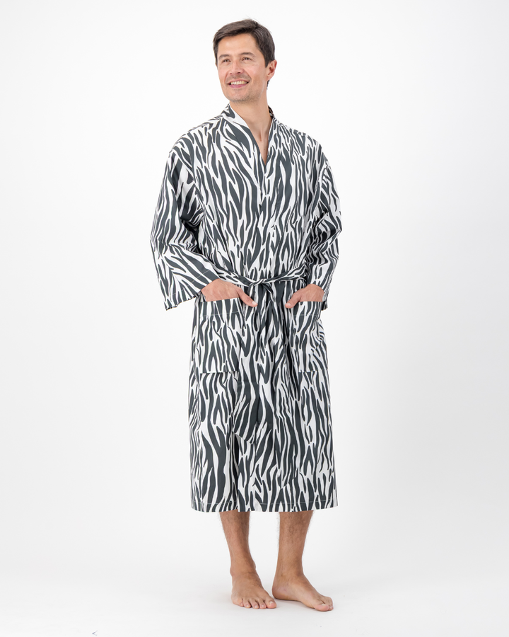 Adults Kimono - Black Zebra Print on White