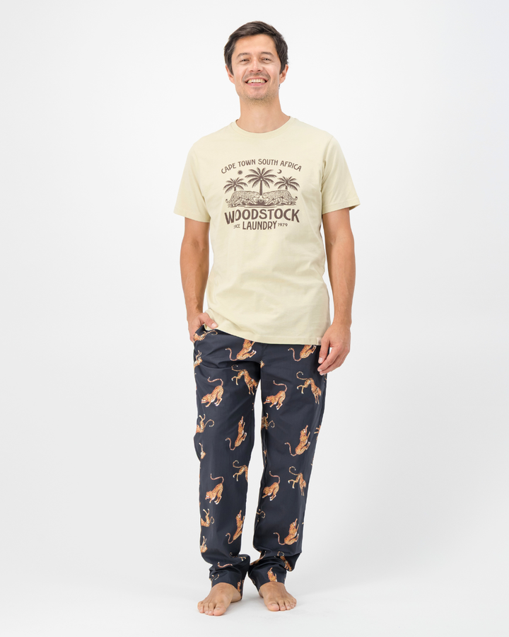Mens Lounge Pants - Jumping Cheetah on Charcoal