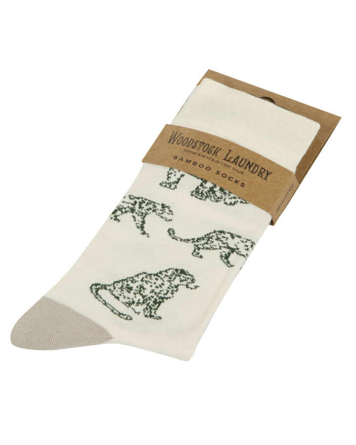 Bamboo Socks - Teal Leopard on Off White