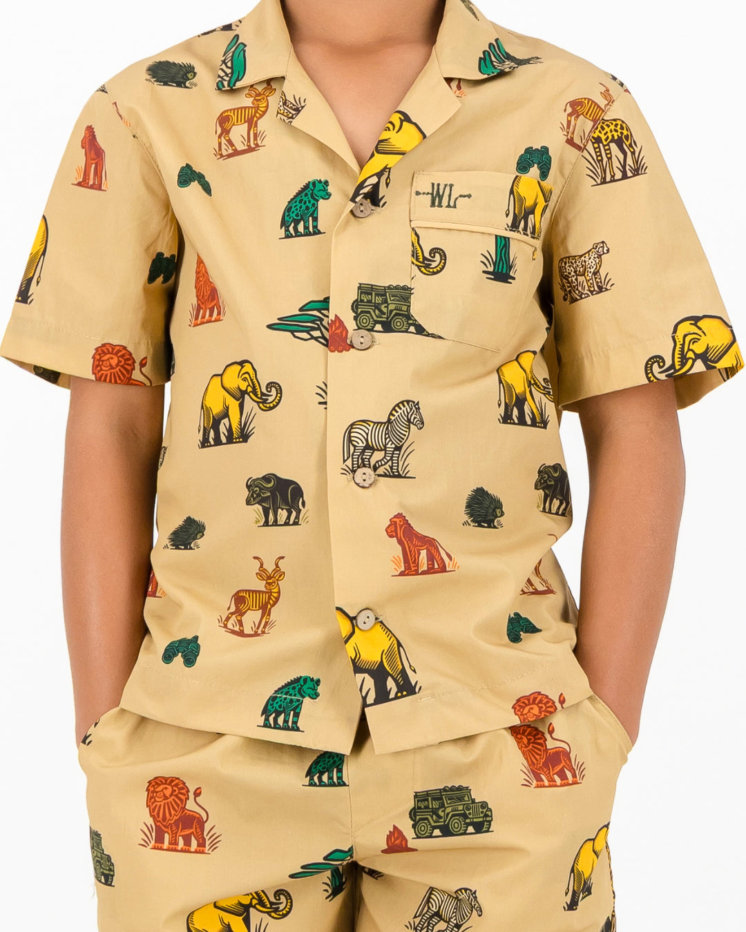 Boys Short Pyjamas - Safari Animals on Khaki