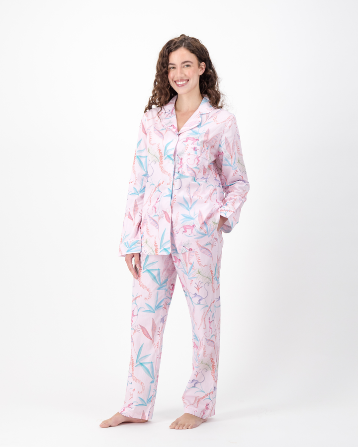 Womens Long Pyjamas - Monkeys on Pink