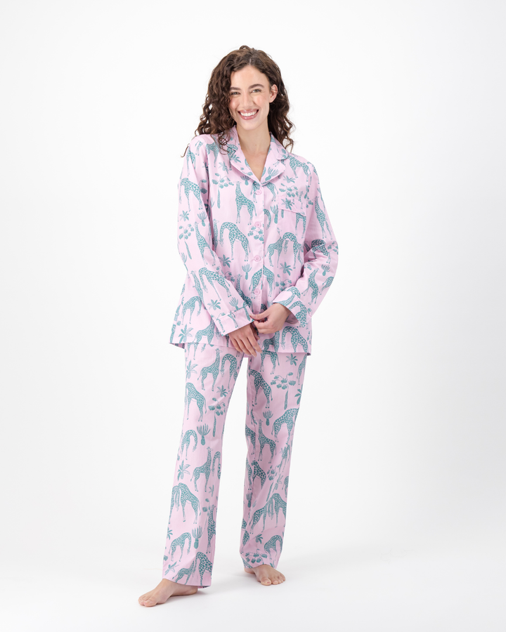 Womens Long Pyjamas - Green Giraffes on Pink