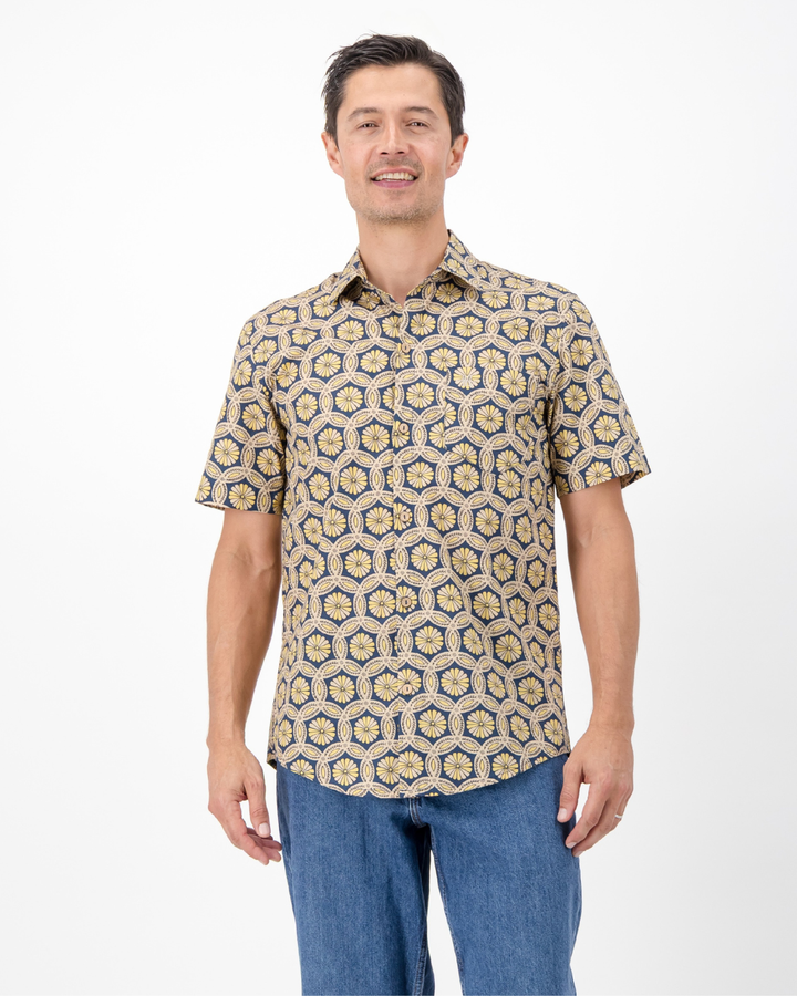 Mens Holiday Shirt - Geo Floral on Navy