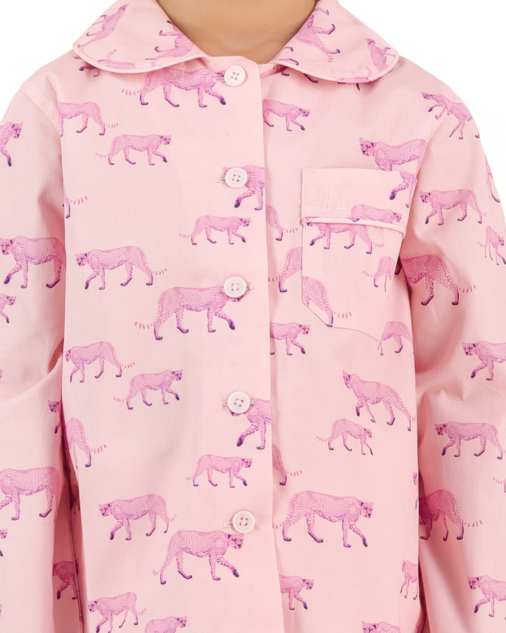 Girls Long Pyjamas - Pink Cheetahs on Pink