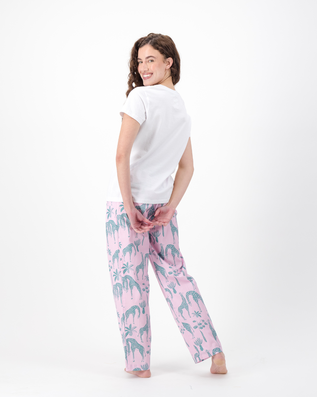 Womens Lounge Pants - Green Giraffes on Pink
