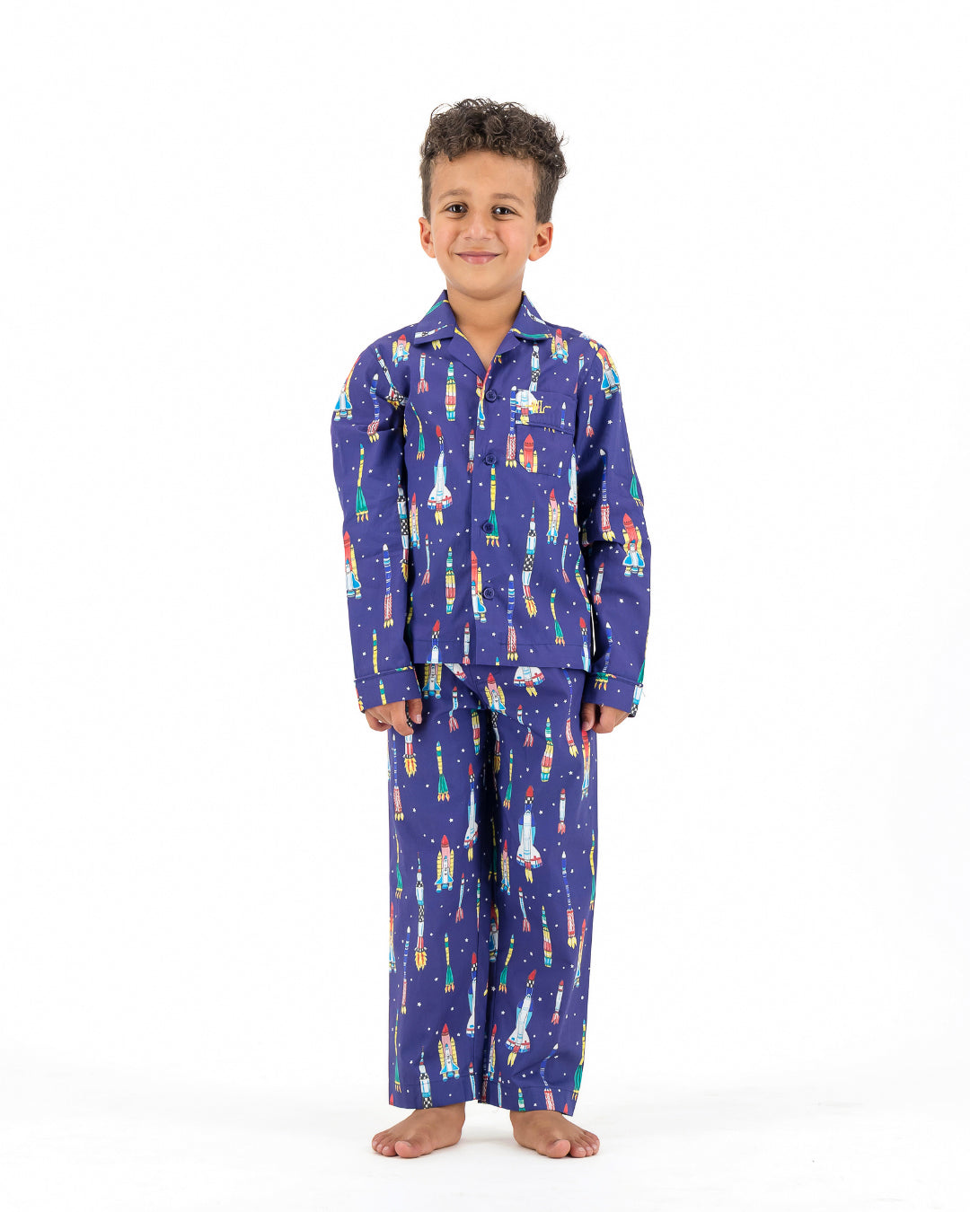 Boys Long Pyjamas - Rocketships on Navy