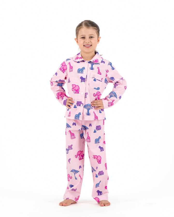 Girls Long Pyjamas - Safari Animals on Pink
