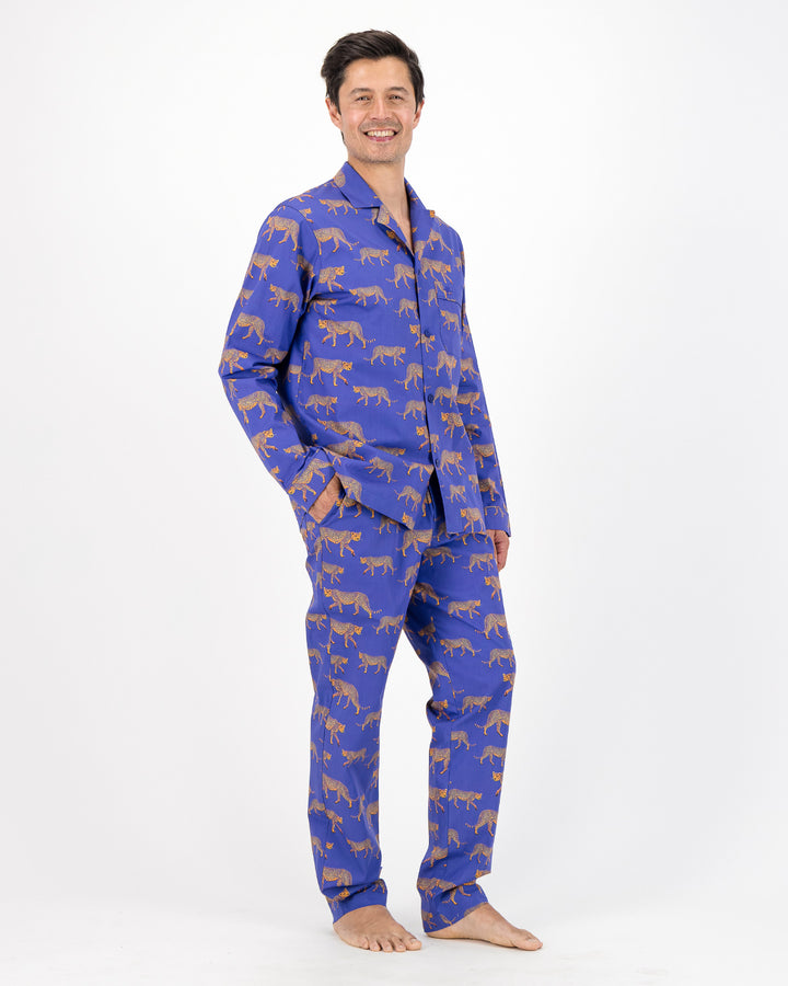 Mens Long Pyjamas - Cheetahs on Blue