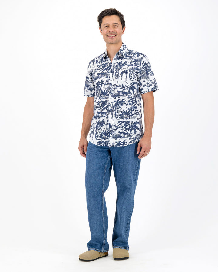 Mens Holiday Shirt - Navy Mono Safari on White