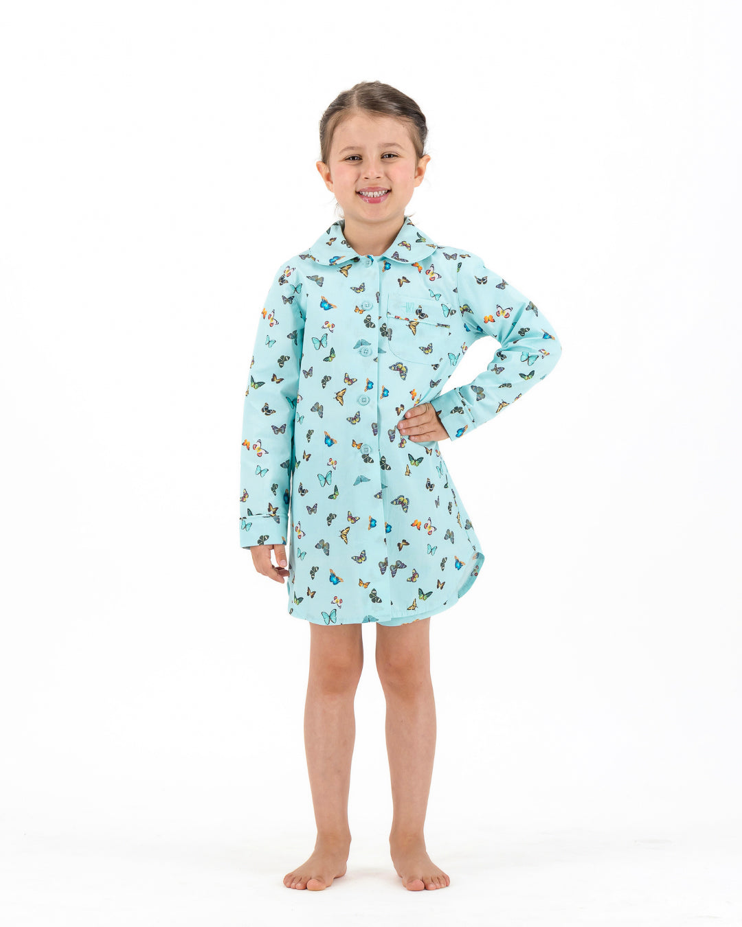 Girls Long Sleeve Sleepshirt and Shorts Set - Butterflies on Blue