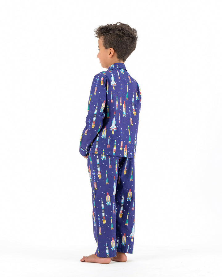 Boys Long Pyjamas - Rocketships on Navy