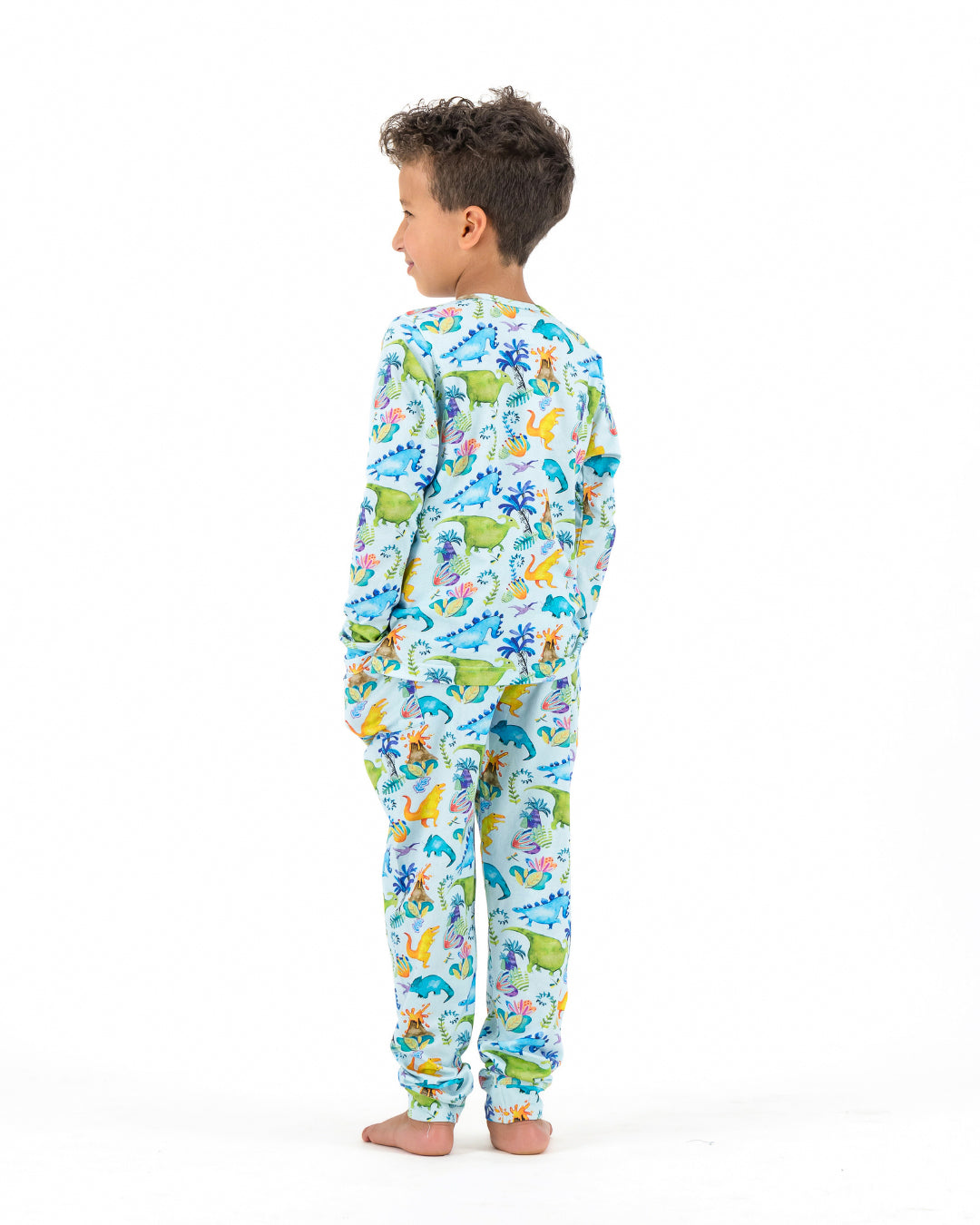 Kids Knitted Cotton Long Pyjamas - Dinosaurs on Blue