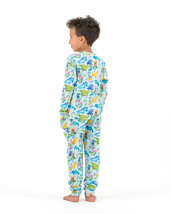 Kids Knitted Cotton Long Pyjamas - Dinosaurs on Blue