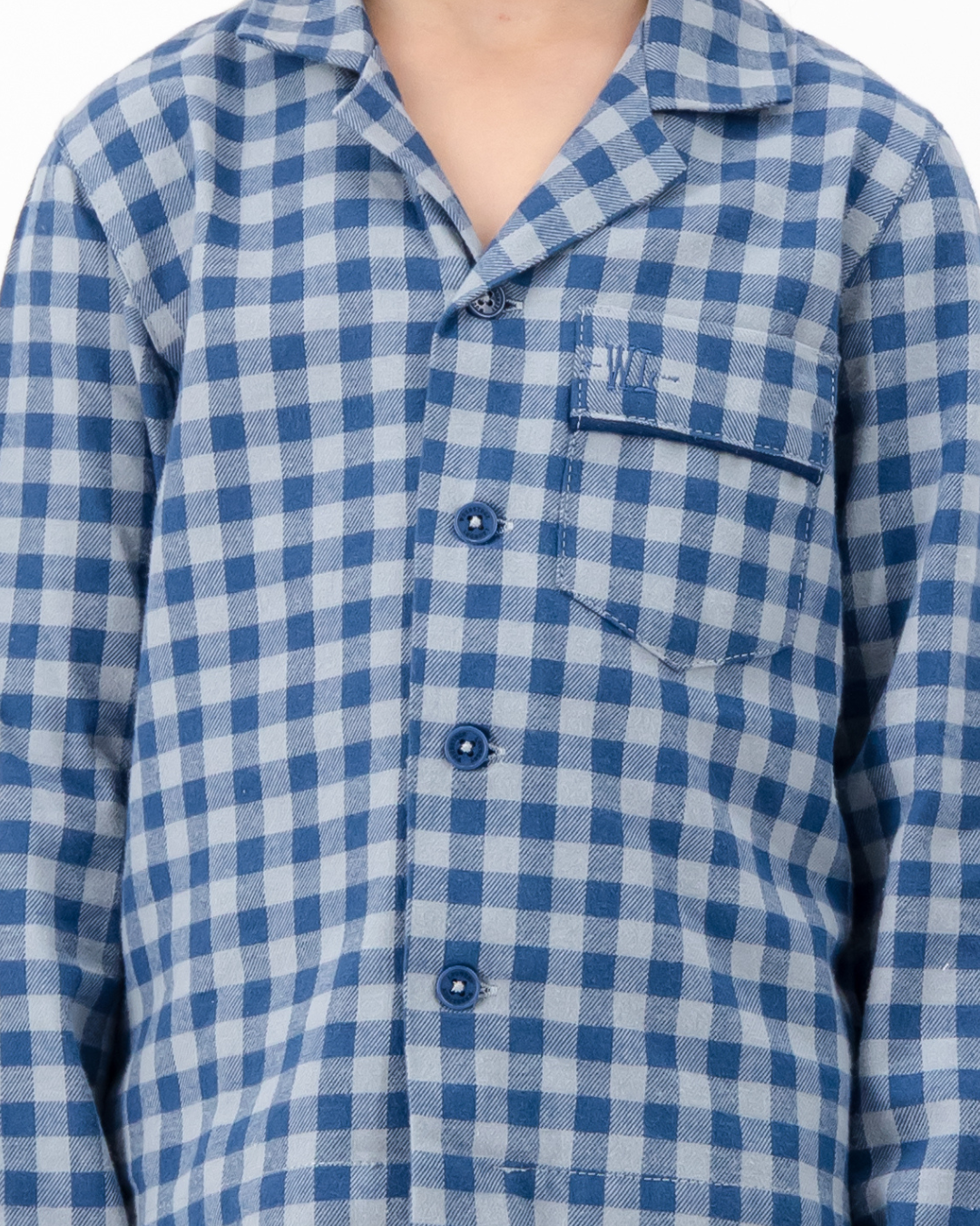 Kids Long Pyjama - Grey Gingham on Navy