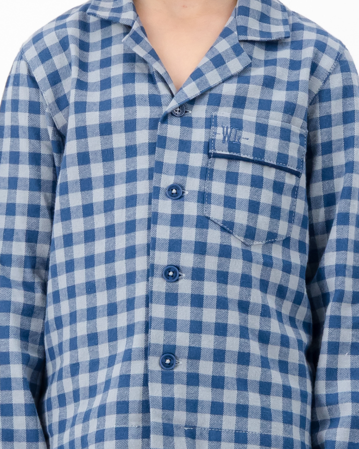 Kids Long Pyjama - Grey Gingham on Navy