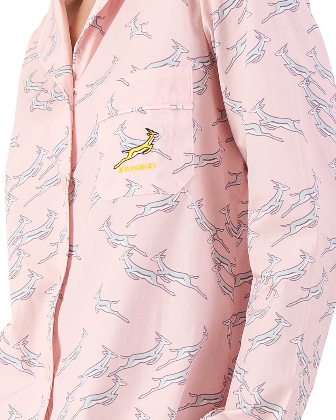 Womens Long Pyjamas - Custom Springboks Blue Jumping Bok on Pink