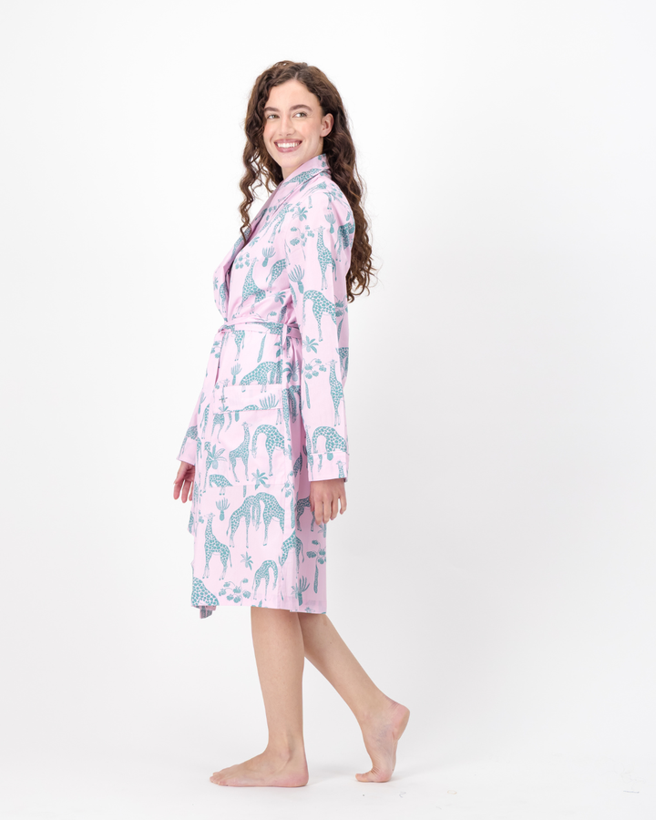 Womens Dressing Gown - Green Giraffes on Pink