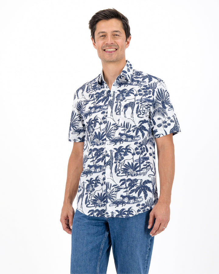 Mens Holiday Shirt - Navy Mono Safari on White