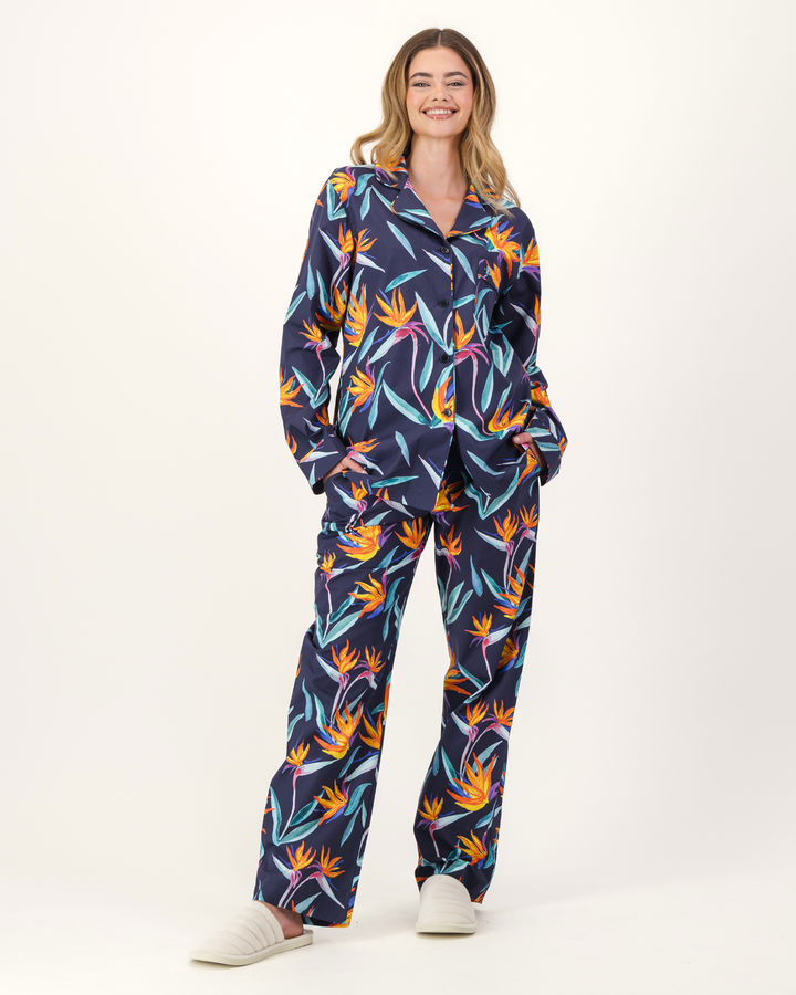 Womens Long Pyjamas - Strelitzia on Black