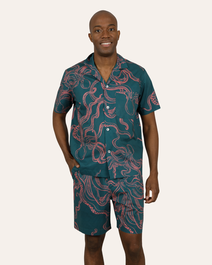 Mens Short Pyjamas - Pink Octopus on Green
